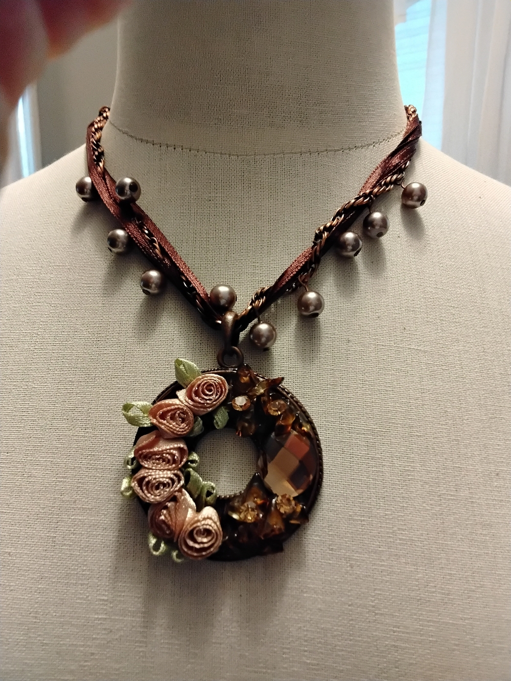 Custom  Made Rose Wreath Pendant Necklace - Brown and Pink